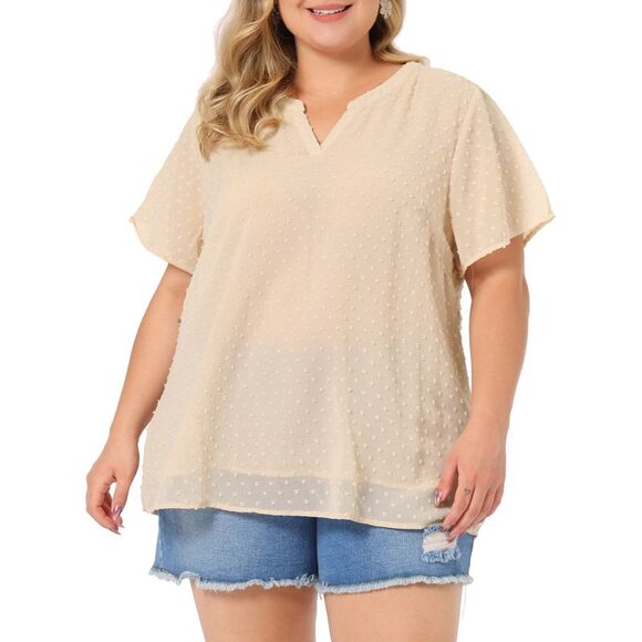 Women's Plus Size Blouses Pin Dots Round Neck Basic Top Beige - Picture 1 of 6